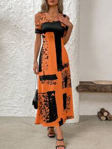 SHEIN LUNE 女式拼色连衣裙，适合夏季长款女装 - 橘色 - 查看 4