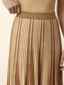 Anewsta 女士优雅褶皱亮片针织裙，适合节日、春季、商务休闲、端庄、老派风格 - 咖啡棕 - 查看 2