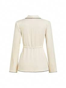 Ellevyn 女士 V 领撞色边长袖西装外套和百褶裙优雅套装，适合工作和日常穿着商务休闲女士办公室服装，适合秋冬女士搭配套装 - 杏色 - 查看 5