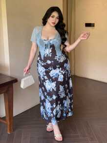 Flirla 2pcs Mesh Sheer Blouse And Blue Floral Print Spaghetti Strap Dress Set - Multicolor - View 4