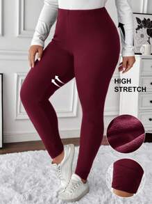 SHEIN LUNE Plus Size Casual Solid Color Thermal Lined Leggings For Winter Thermal Lined Leggings Women Warm Leggings Women Winter Leggings Thermal Leggings Cozy Leggings Women Thermal Lined Leggings - Burgundy - View 7