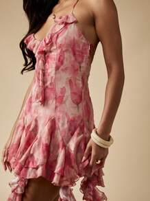 MISSGUIDED 水彩花卉镂空雪纺迷你连衣裙，带荷叶边手帕下摆和系带后背，适合夏季婚礼宾客派对场合 - 彩色 - 查看 6