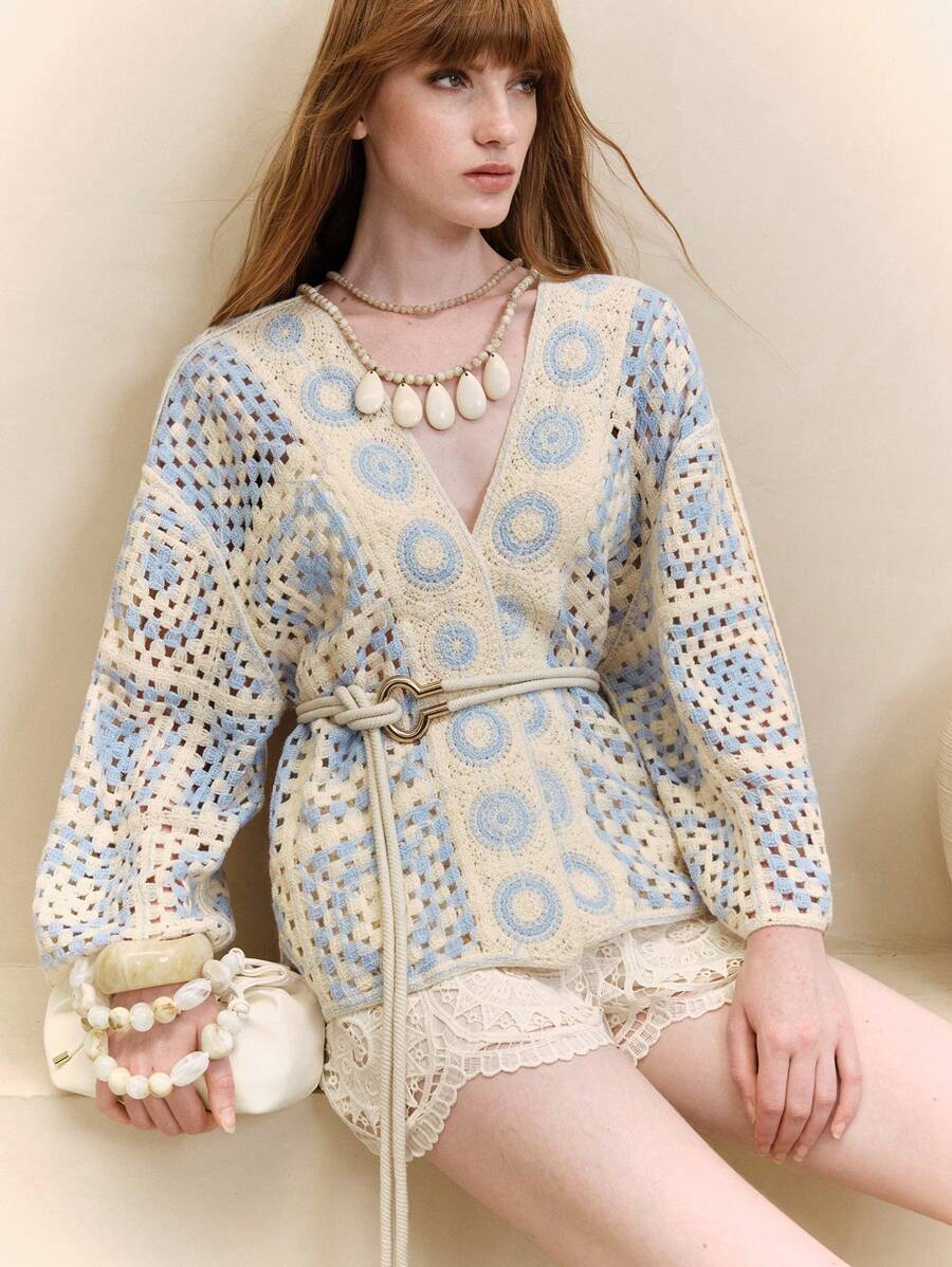 Arave 女式几何图案蝙蝠袖宽松钩针针织开衫 - 藍白色 - 查看 1