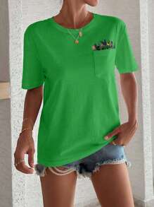 100%Cotton T-Shirt With Flower Embroidery, Round Collar, Pocket Details