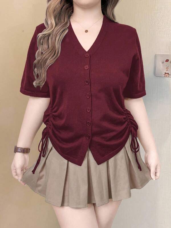 Flirla Plus Size Women's Solid Color Short Sleeve Drawstring Hem Casual Single Breasted Cardigan