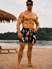 Surfspeed Men's Casual Full Print Drawstring Beach Shorts - Black - View 2