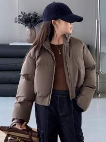 DAZY Abrigo corto acolchado de invierno de unicolor holgado con capucha para niñas preadolescentes