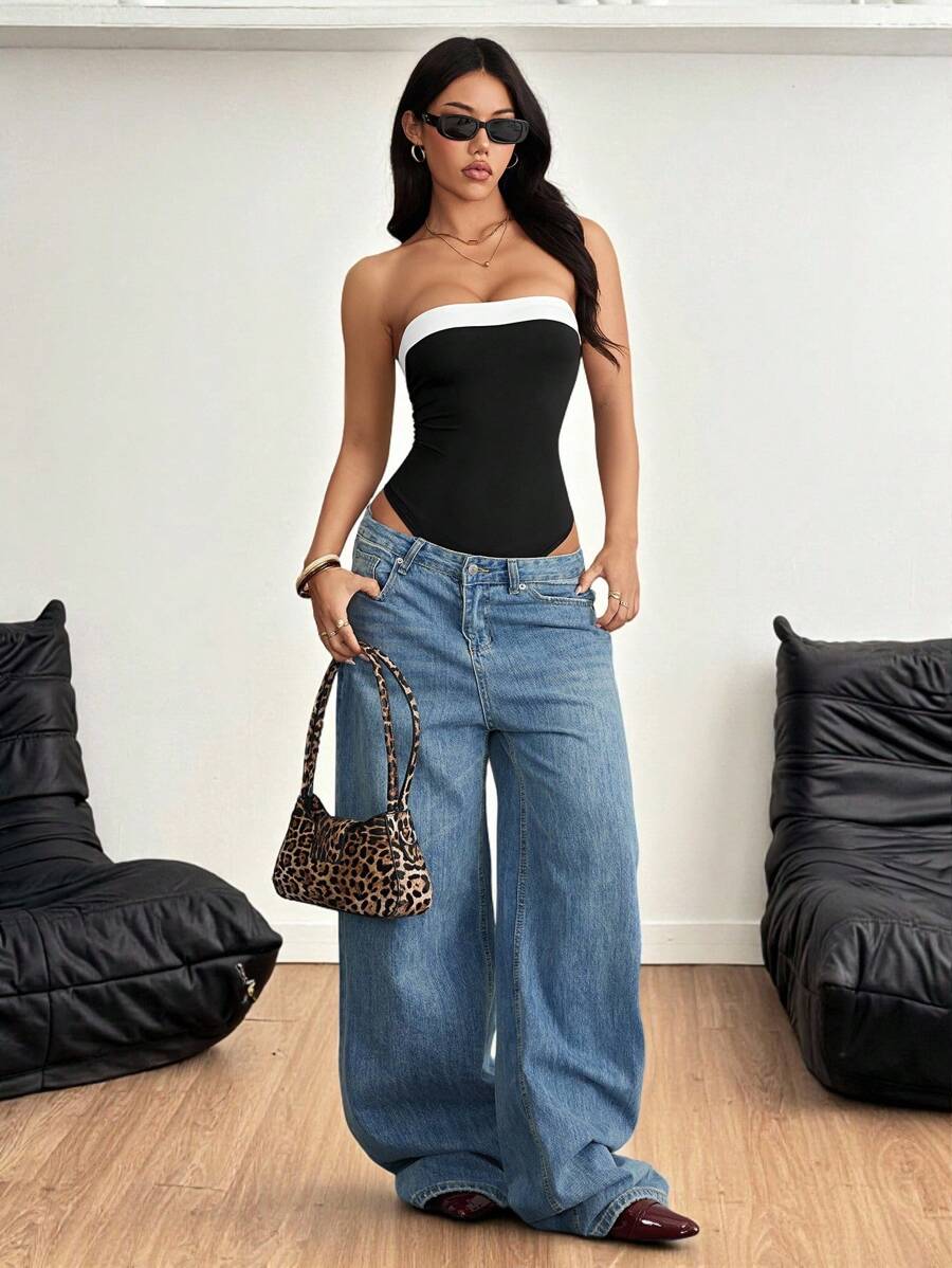 SHEIN PETITE 女式夏季优雅端庄街头装商务休闲简约弹力拼布抹胸修身黑色紧身衣 - 黑色 - 查看 1