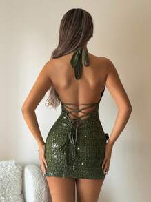 SHEIN ICON 女士性感V领修身迷你亮片露背连衣裙，适合独立日女士穿着 - 綠色 - 查看 2