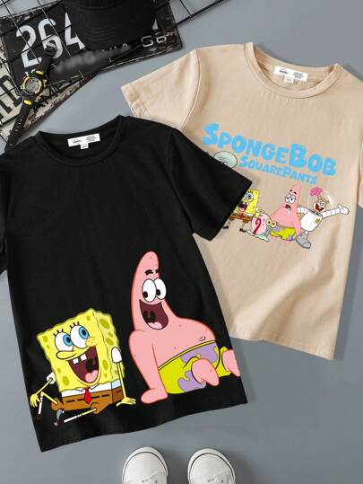 SpongeBob SquarePants | SHEIN 2pcs Young Boy Summer Casual Cute Cartoon Pattern Short Sleeve T-Shirt
