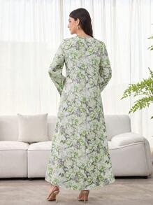 SHEIN Najma 女士花卉印花、钩针拼布、长袖连衣裙、端庄优雅的 A 字形卡夫坦和 Jalabiya 连衣裙，适合晚会/婚礼嘉宾/周年纪念/日常穿着 - 彩色 - 查看 2