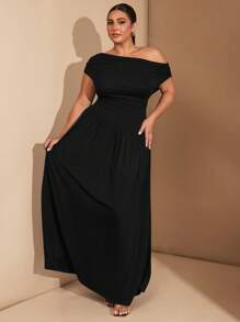 SHEIN Tall CURVE Váy Maxi chữ A thanh lịch, vải co giãn siêu đa năng cỡ lớn cho nữ, màu đen hoặc mặc hàng ngày, dự tiệc, trễ vai, dành cho phụ nữ to lớn - màu đen - Xem 3