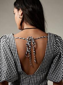 MISSGUIDED Puff Sleeve Button Down Mini Dress Gingham Print Sweetheart Neckline Cottage Core Prairie Style Summer Party Casual Tea Dress - Black and White - View 4