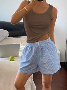 DAZY 纯色罗纹针织背心和条纹休闲短裤休闲套装、家居服、睡衣 - 棕色 - 查看 3