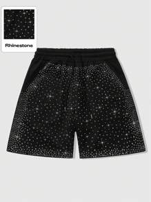 ROMWE MEN Unisex Street Life American Style Rhinestone Print Pattern Shorts - Black - View 3