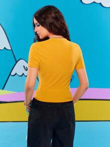 Adventure Time X ROMWE Camiseta ajustada con estampado gráfico lindo y divertido para mujeres, estilo Y2K - Amarillo - Ver 4
