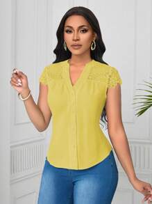 SHEIN Unity 女士优雅蕾丝波浪拼接短袖衬衫 - 黃色 - 查看 5
