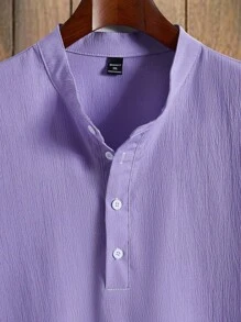 Manfinity Homme 男士简约纯色纹理休闲短袖衬衫，半季 - 紫色 - 查看 4