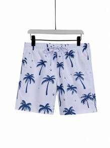 Surfspeed Men Plus Size Palm Tree Print Drawstring Waist Swim Trunks