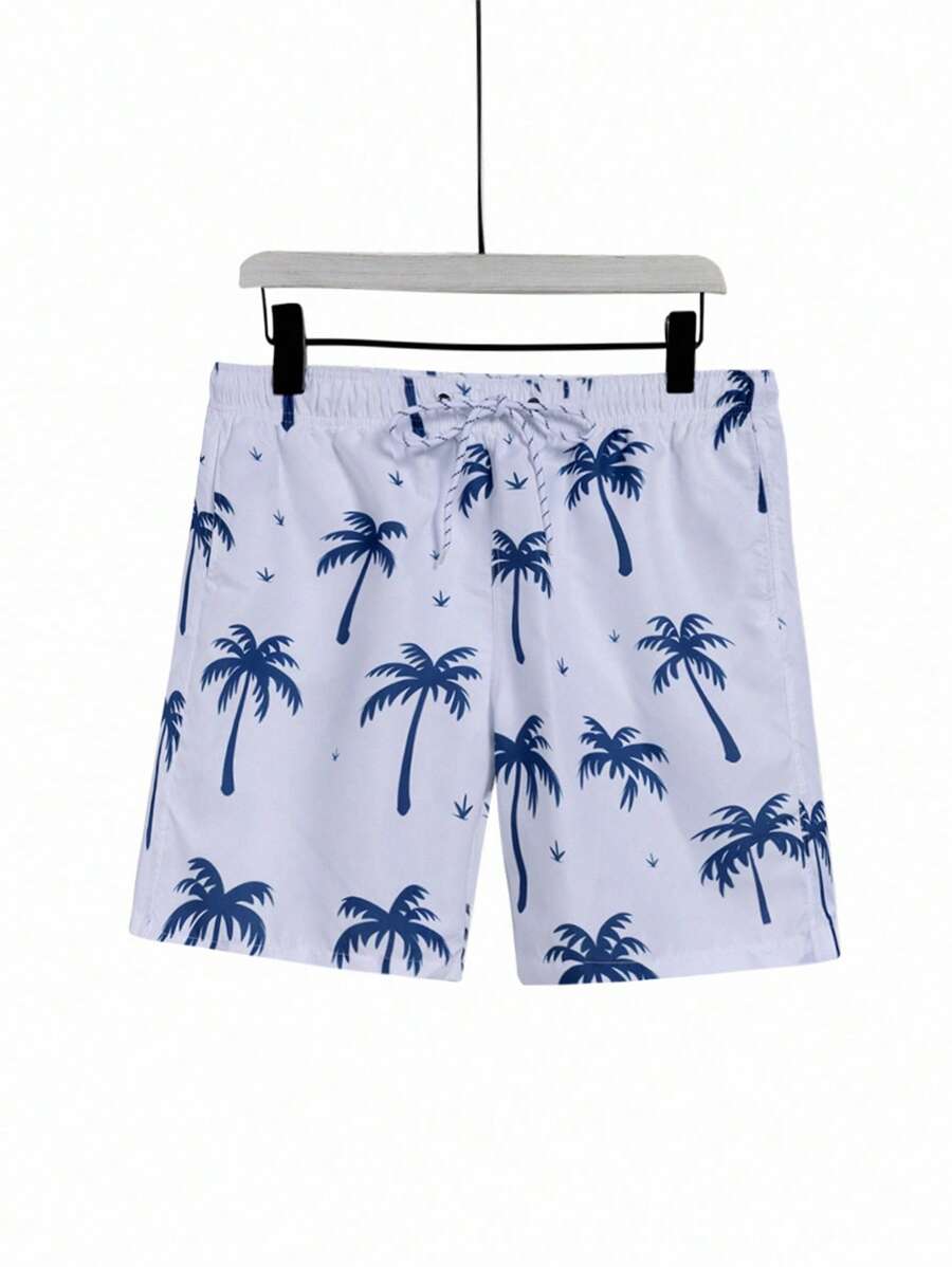 Surfspeed Men Plus Size Palm Tree Print Drawstring Waist Swim Trunks