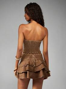 MISSGUIDED 西部风情系带层叠荷叶边两件套 Festival Prairie 套装，含紧身胸衣上衣和层叠迷你裙 - 棕色 - 查看 4
