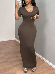 SHEIN SXY 女士纯色 V 领紧身短袖连衣裙 Hoco Dresses - 咖啡 - 查看 8