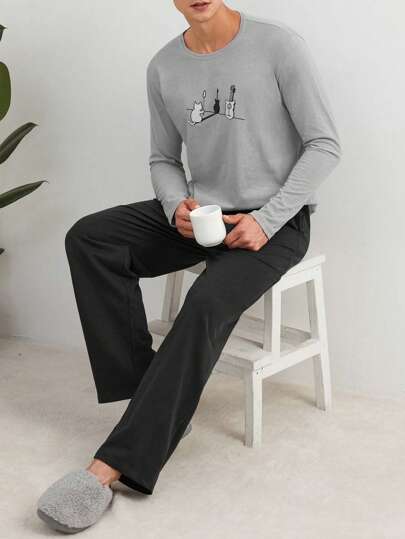 EURMUSE Guitar Print Men's Long Sleeve T-Shirt And Pants Pajama Set