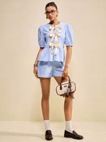 Muvela 2 Stücke Damen Sommer Set aus gestreiftem Top mit Schleifendekor und Puffärmeln sowie Shorts