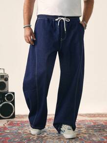 EASEVO Quần Jeans Denim Dệt Rộng Màu Xanh Đậm Dài Cho Nam Size Lớn - Rửa tối - Xem 4