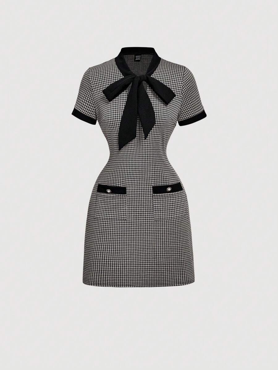 SHEIN MOD MOD 女式复古格纹扭结领紧身连衣裙 - 黑色 - 查看 1
