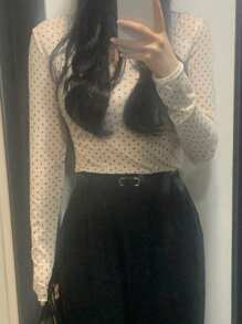 DAZY 女士波尔卡圆点半透视长袖圆领打底上衣，春夏 - 杏色 - 查看 7