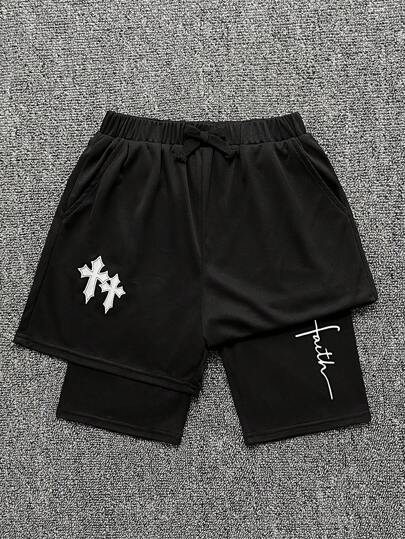 SHEIN Bolty Tween Boy Loose-Fit Casual Cross Graphic Print Shorts Boys Black Shorts Boys Graphic Shorts Faith Shorts Cross Shorts Boys Streetwear Shorts