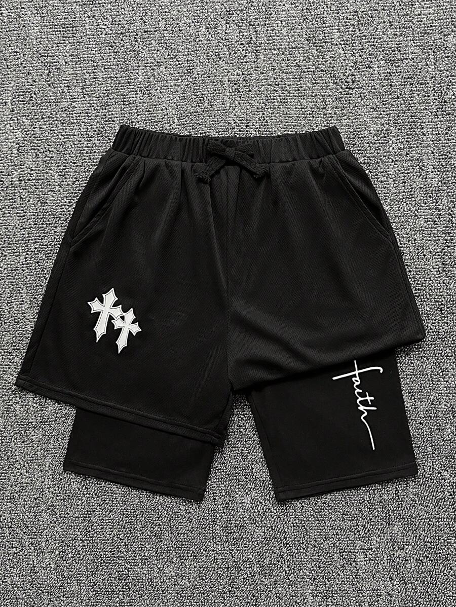 SHEIN Bolty Tween Boy Loose-Fit Casual Cross Graphic Print Shorts Boys Black Shorts Boys Graphic Shorts Faith Shorts Cross Shorts Boys Streetwear Shorts - Grey - View 1