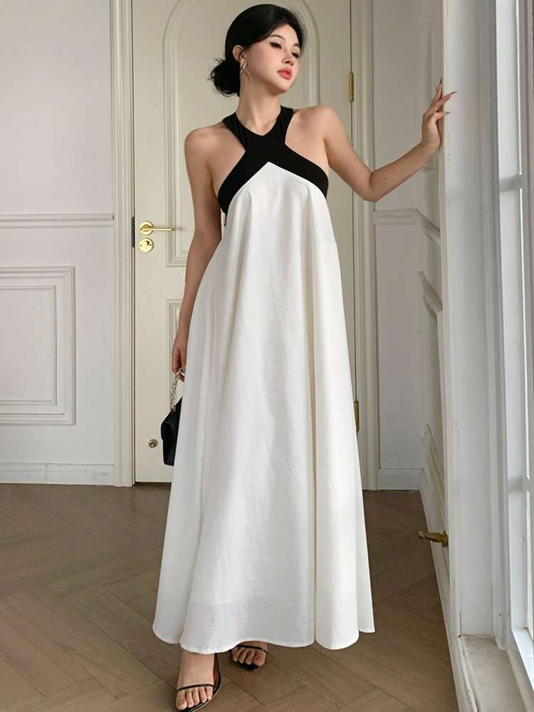 Women's Sleeveless Color Block Casual Loose Mid-Calf Dress