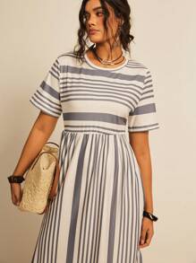 Freevana Plus Size Women Boho Striped & Printed Round Neck Short Sleeve Casual Dress With Side Slit Hem For Summer,Beach Dress Sundress,Holiday Outfits - Grey - View 1