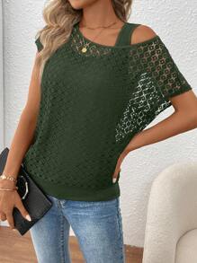 SHEIN LUNE Women's Lace Patchwork Oblique Shoulder Blouse - Army Green - View 5