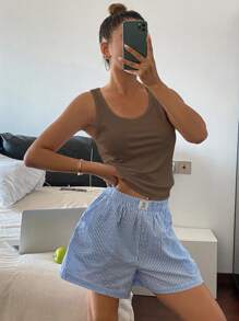 DAZY 纯色罗纹针织背心和条纹休闲短裤休闲套装、家居服、睡衣 - 棕色 - 查看 5