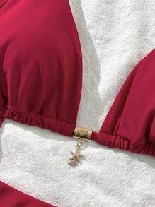 Swim Vcay Bộ 3 Bikini Nữ Mùa Hè Mới Màu Trơn Halter Kim Loại Trang Trí Đầm Đi Biển Đồ Bơi Gợi Cảm - Đỏ - Xem 5