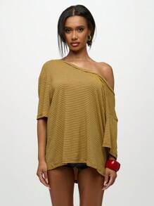 SUMWON WOMEN Áo thun kẻ sọc dáng rộng trễ vai, gấu cao thấp, đồ mặc ở nhà, áo thun cuối tuần thoải mái, thiết kế thả vai - Nhiều màu - Xem 1
