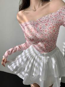DAZY Parte superior ajustada de mujer con hombros descubiertos con estampado floral y de plantas en todo el diseño, manga larga, ropa de mujer de otoño, Pascua - Rosa - Ver 5