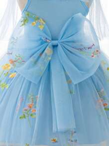 SHEIN Glamorique Kids Váy lưới tuyn thêu nơ cho bé gái, màu xanh lá cây, dành cho lễ Phục sinh, phù dâu, tiệc sinh nhật, đám cưới, ngày lễ, biểu diễn, chụp ảnh, phù hợp với mọi mùa - Màu xanh lam - Xem 6