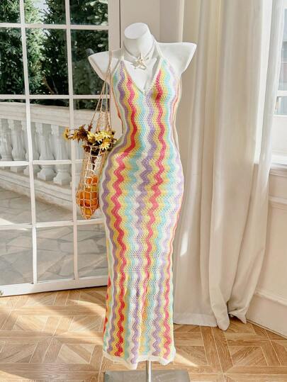 Skyraze Color Block Striped Tie Neck Fishtail Dress