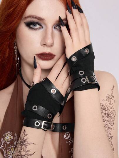 Grunge Punk 1 par de guantes de muñeca estilo funcional de motocicleta negro punk/Lolita Harajuku con mangas cortas