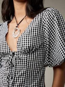 MISSGUIDED Puff Sleeve Button Down Mini Dress Gingham Print Sweetheart Neckline Cottage Core Prairie Style Summer Party Casual Tea Dress - Black and White - View 3