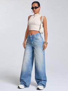 EURMUSE JEANS FEMME À LARGE JAMBE ET TAILLE BASSE - Jean bleu - Voir 4