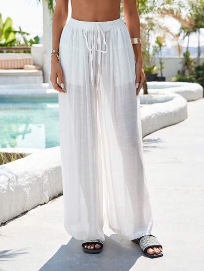 Swim Basics Women's Summer New Boho Pocket Wide Leg Cover Up Pants, Beach Resort Lightweight Long Pants With UV Protection