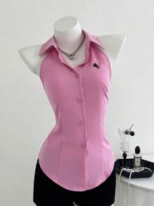 Elamini White Embroidered Fitted Sleeveless Pink Shirt, Spring/Summer - Pink - View 4