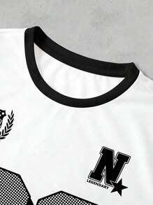 Manfinity Dauomo Maglietta casual da uomo in stile americano, con senso di strada semplice e retrò, decorata con pois, numeri e lettere, in stile sportivo e universitario - Multicolore - Visualizzare 3