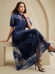 Anewsta Vestido elegante com manga bufante bordado casual para férias feminino