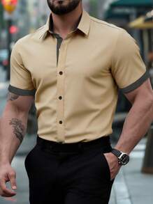 Manfinity Mode Camisa casual de manga corta con bloques de color para hombres de talla grande, verano - Caqui - Ver 1